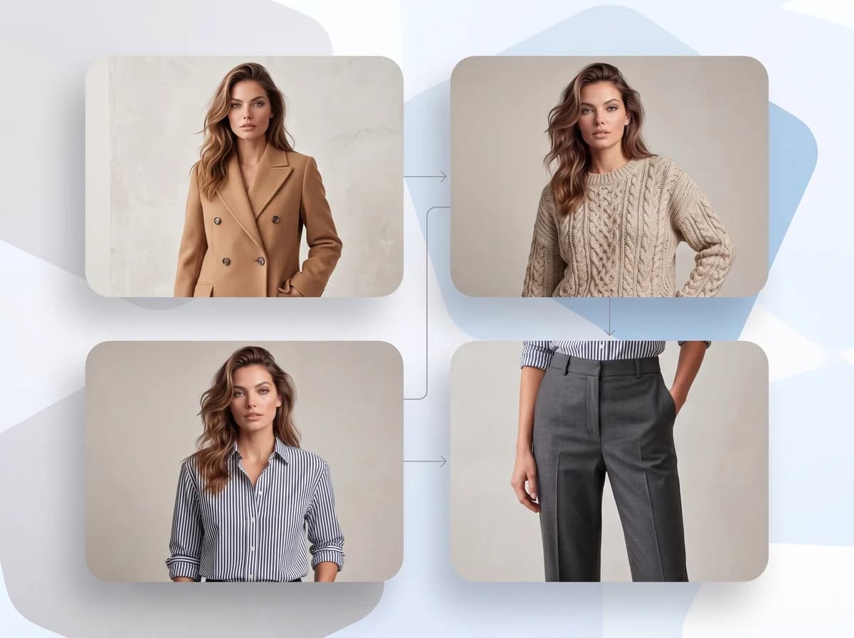 Una cuadrícula de productos con la misma modelo en varias prendas