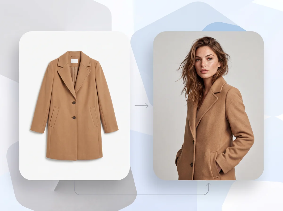 Una camisa en plano cenital convertida en una foto de una modelo llevándola