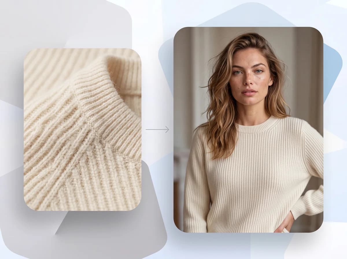 Una vista cercana con la textura del punto y las costuras conservadas sobre una modelo digital