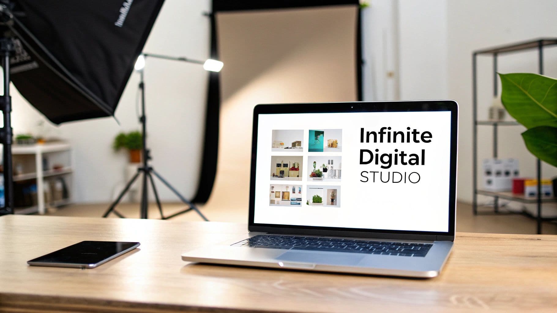A laptop on a wooden desk displays 'Infinite Digital STUDIO' with product images, set in a photography studio.