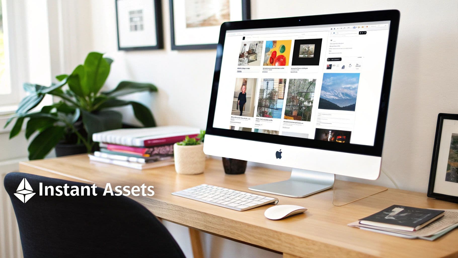 A clean, modern home office workspace with an Apple iMac displaying various images on screen.