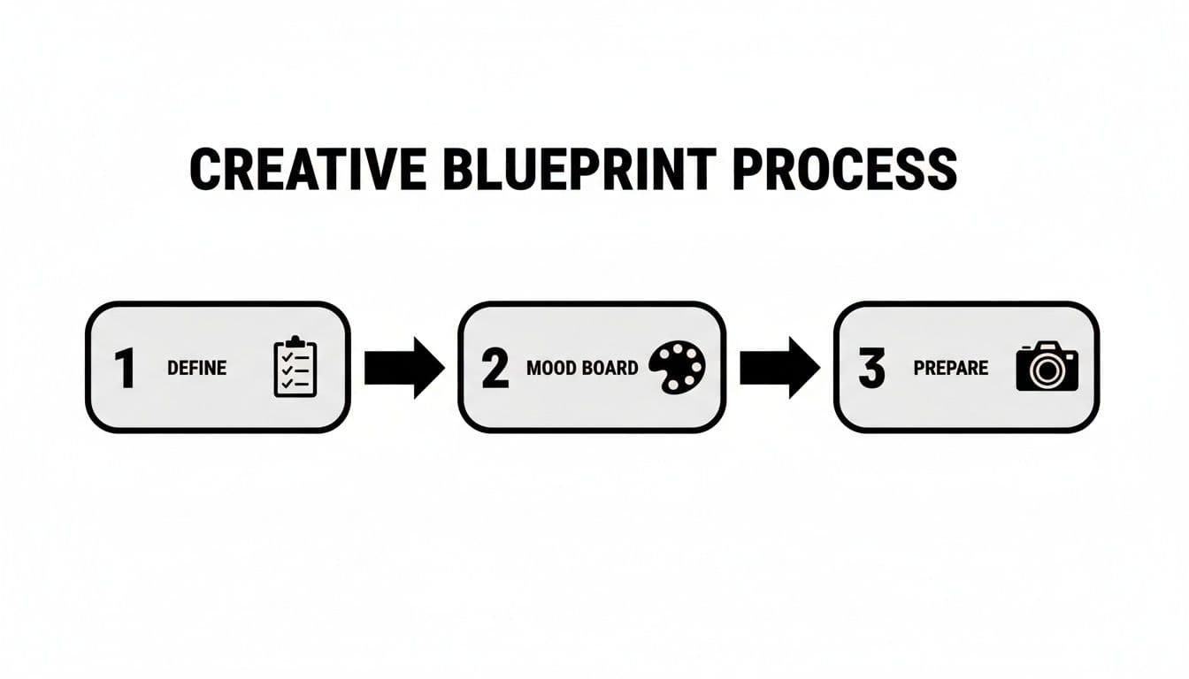 A creative blueprint process flowchart showing three steps: define, mood board, and prepare with icons.