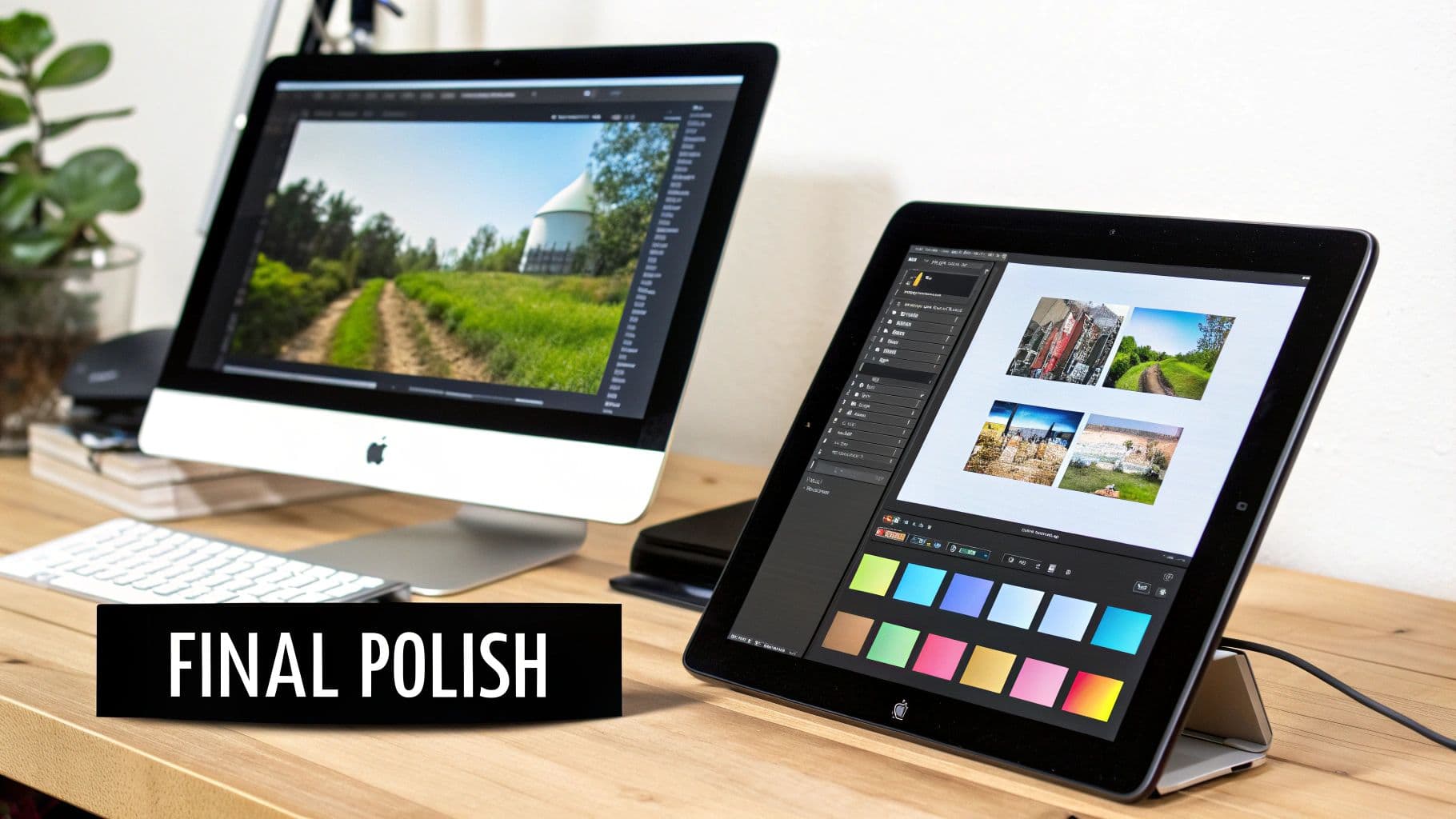 A modern workspace featuring an Apple iMac and iPad used for photo editing on a wooden desk.