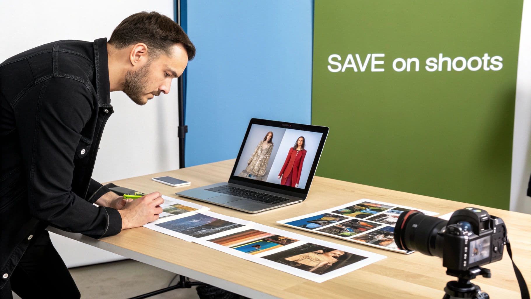 A man reviews fashion images on a laptop and printed sheets, with a camera and 'SAVE on shoots' backdrop.