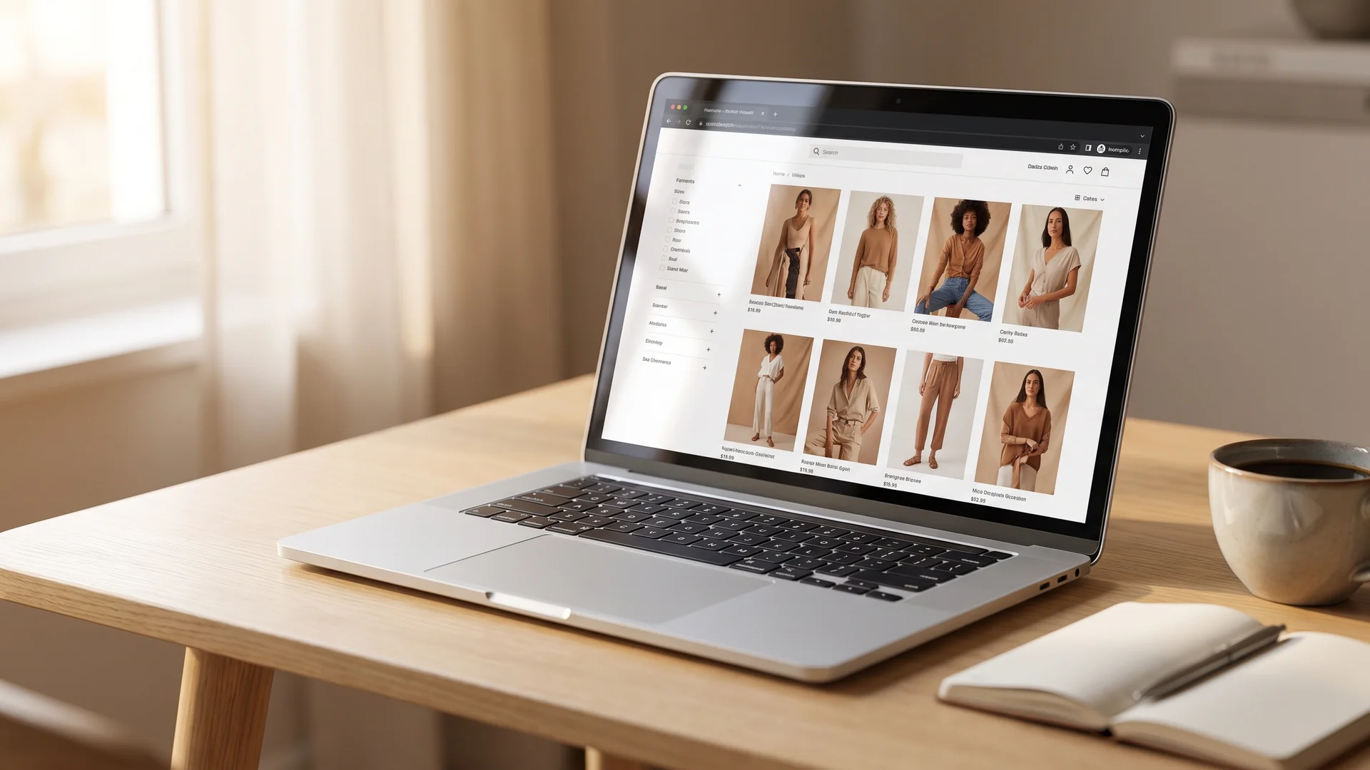 AI product photography catalog of on-model fashion images shown on a laptop store page