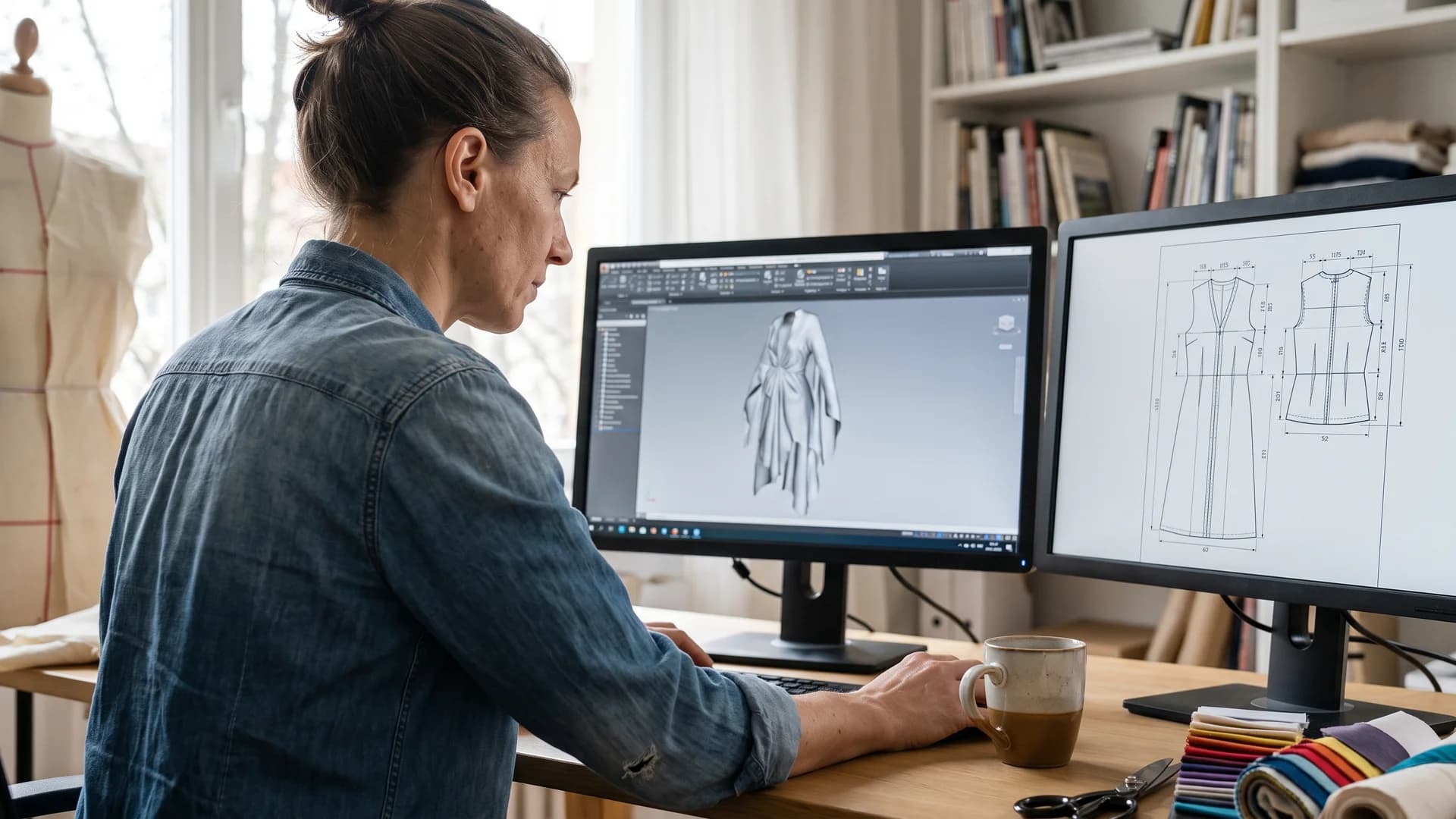 Designer using traditional fashion design software at a dual-monitor CAD workstation
