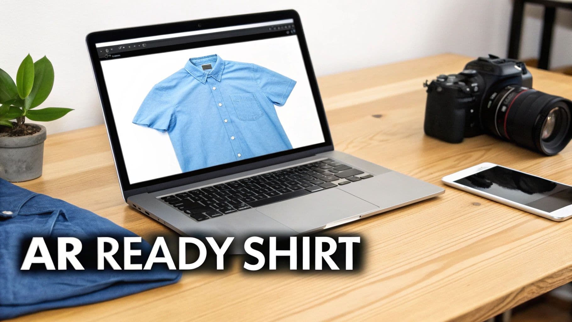 Hand holds smartphone with AR app pointing at blue shirt on mannequin, green screen background.