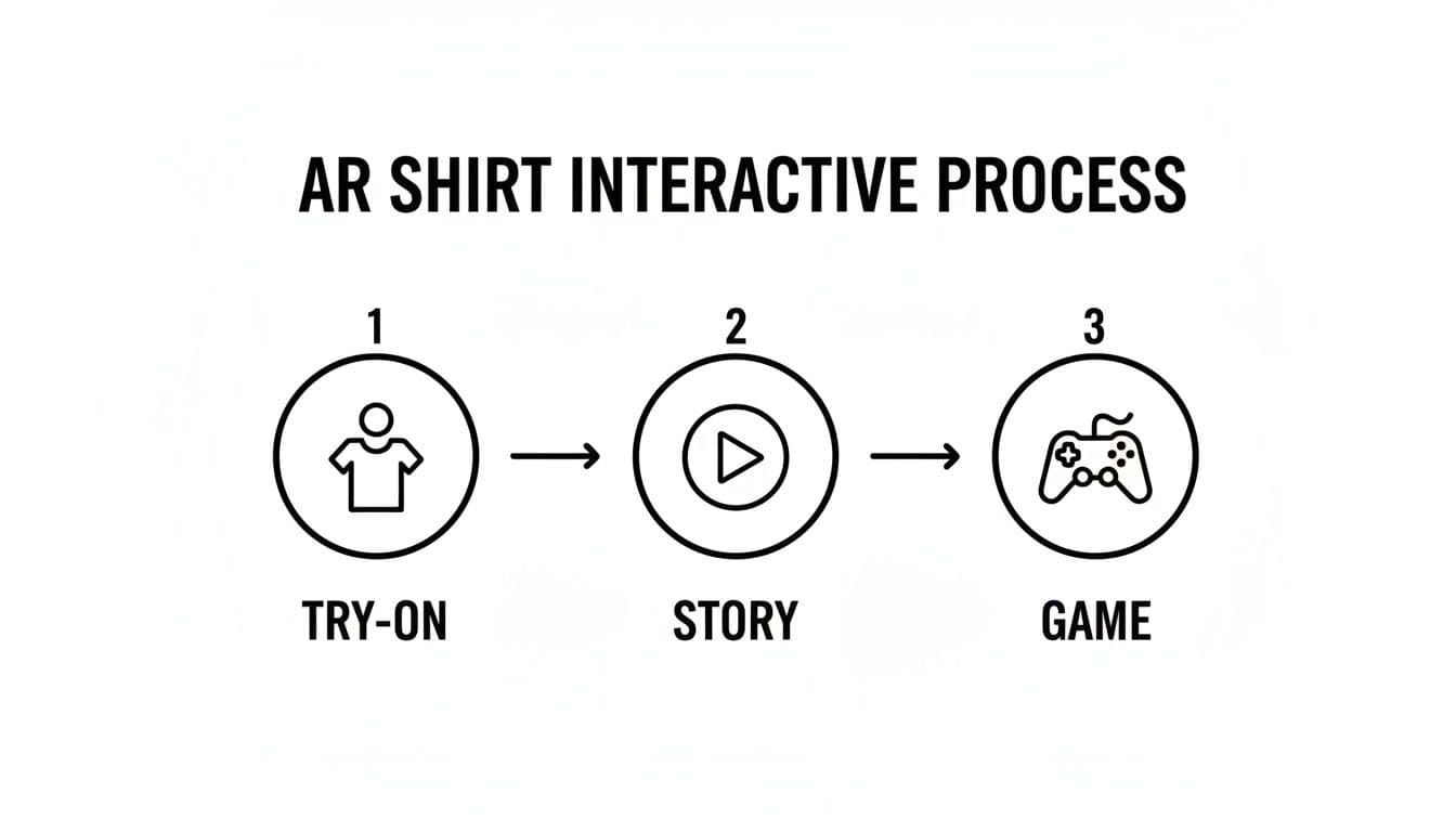 A diagram outlining the AR shirt interactive process: try-on, story, and game, with corresponding icons.
