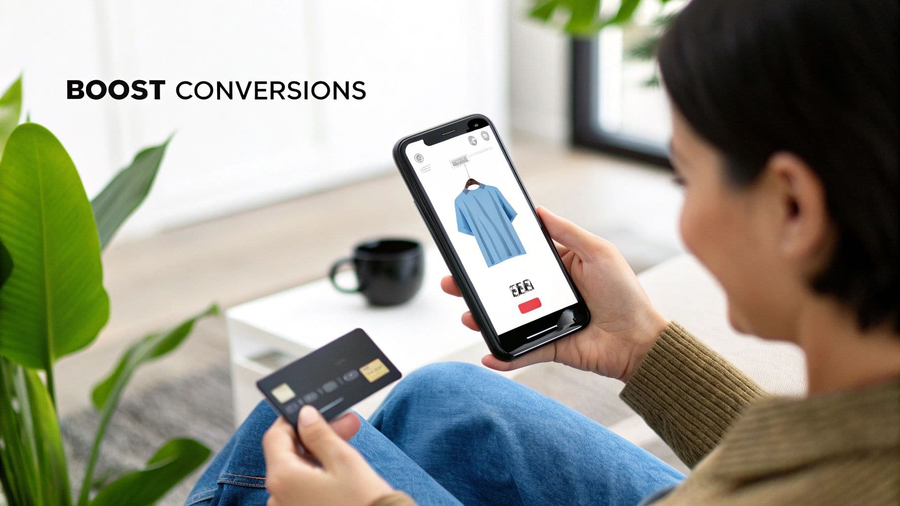 Person holding a smartphone displaying a blue shirt for sale, along with a credit card, to boost conversions.