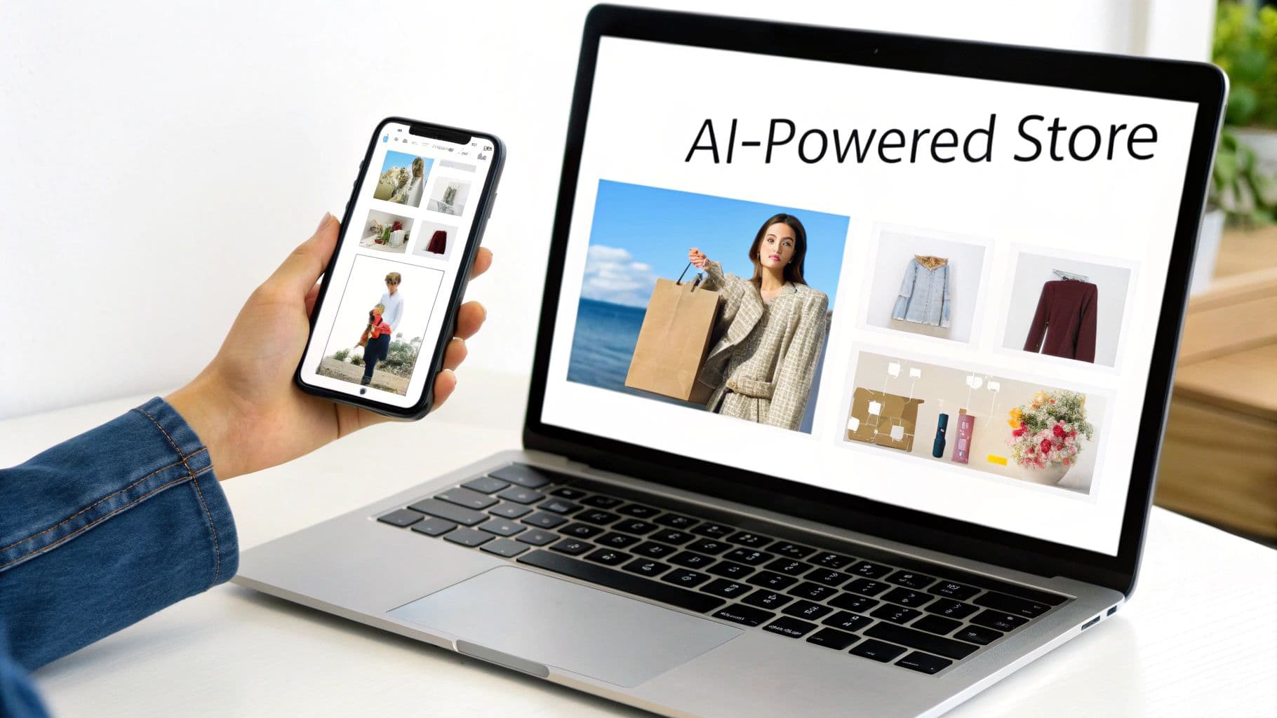 A person's hand holds a smartphone next to a laptop displaying an 'AI-Powered Store' with fashion items.