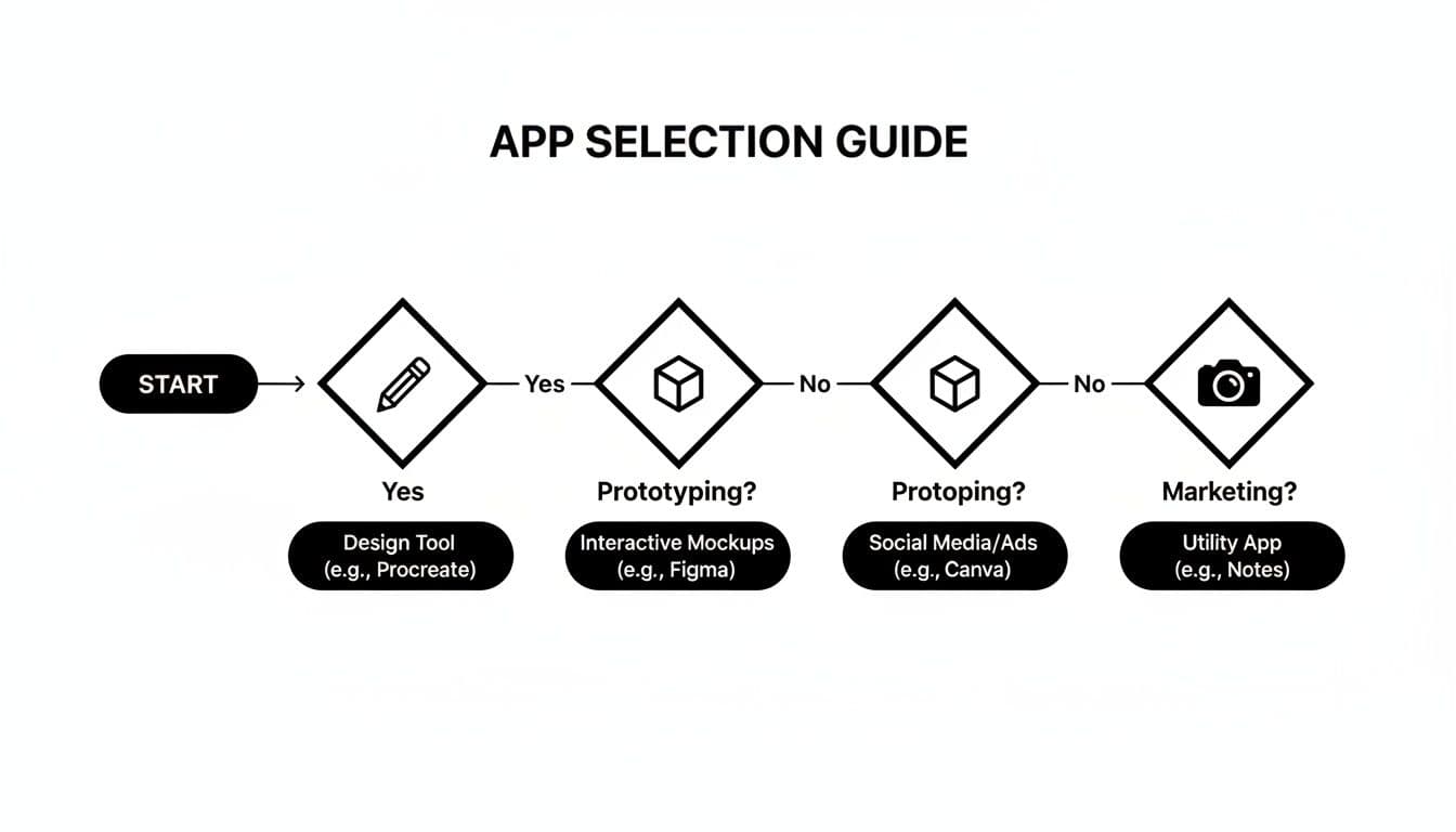 Flowchart guiding app selection for design, prototyping, social media, and utility apps.