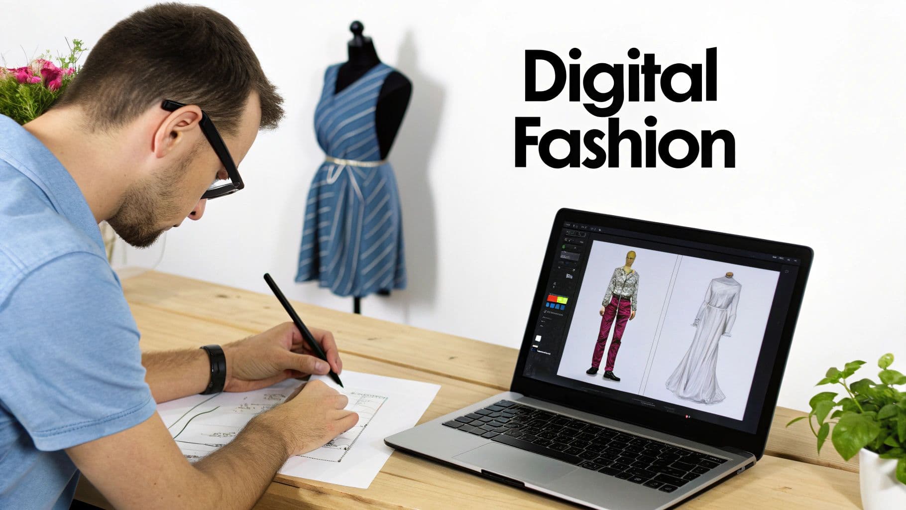 Man sketching fashion designs on paper next to a laptop displaying digital clothing designs.