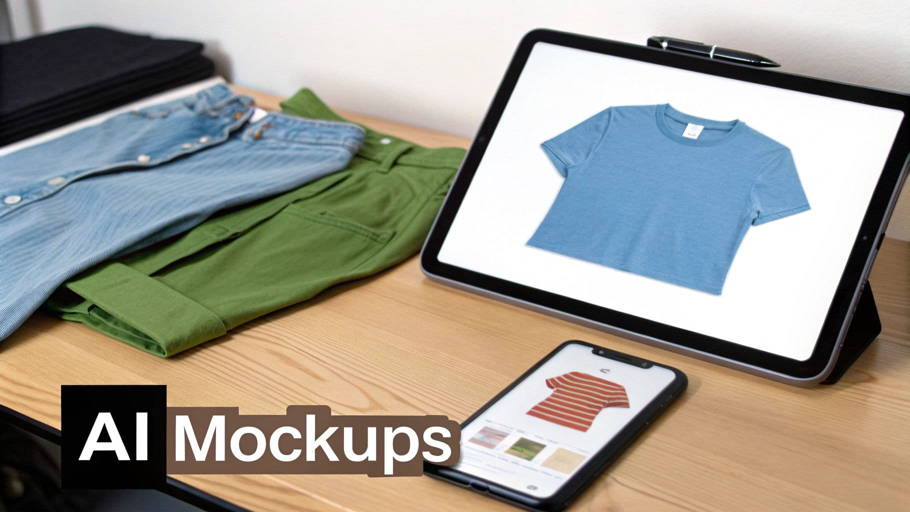 Clothing items and digital devices displaying various apparel mockups on a wooden table.