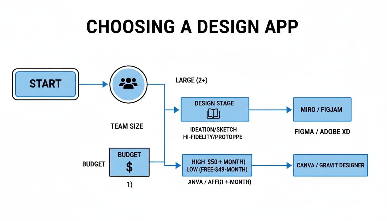 A flowchart illustrating how to choose a design app based on team size, design stage, and budget constraints.