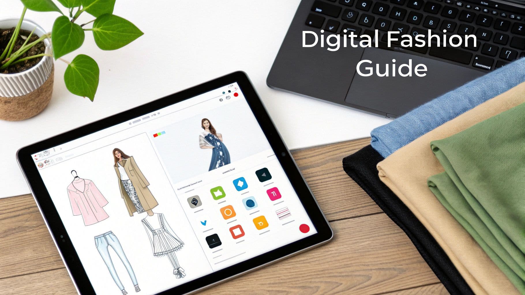 A tablet displays digital fashion designs and clothing sketches, next to fabric swatches and a laptop.