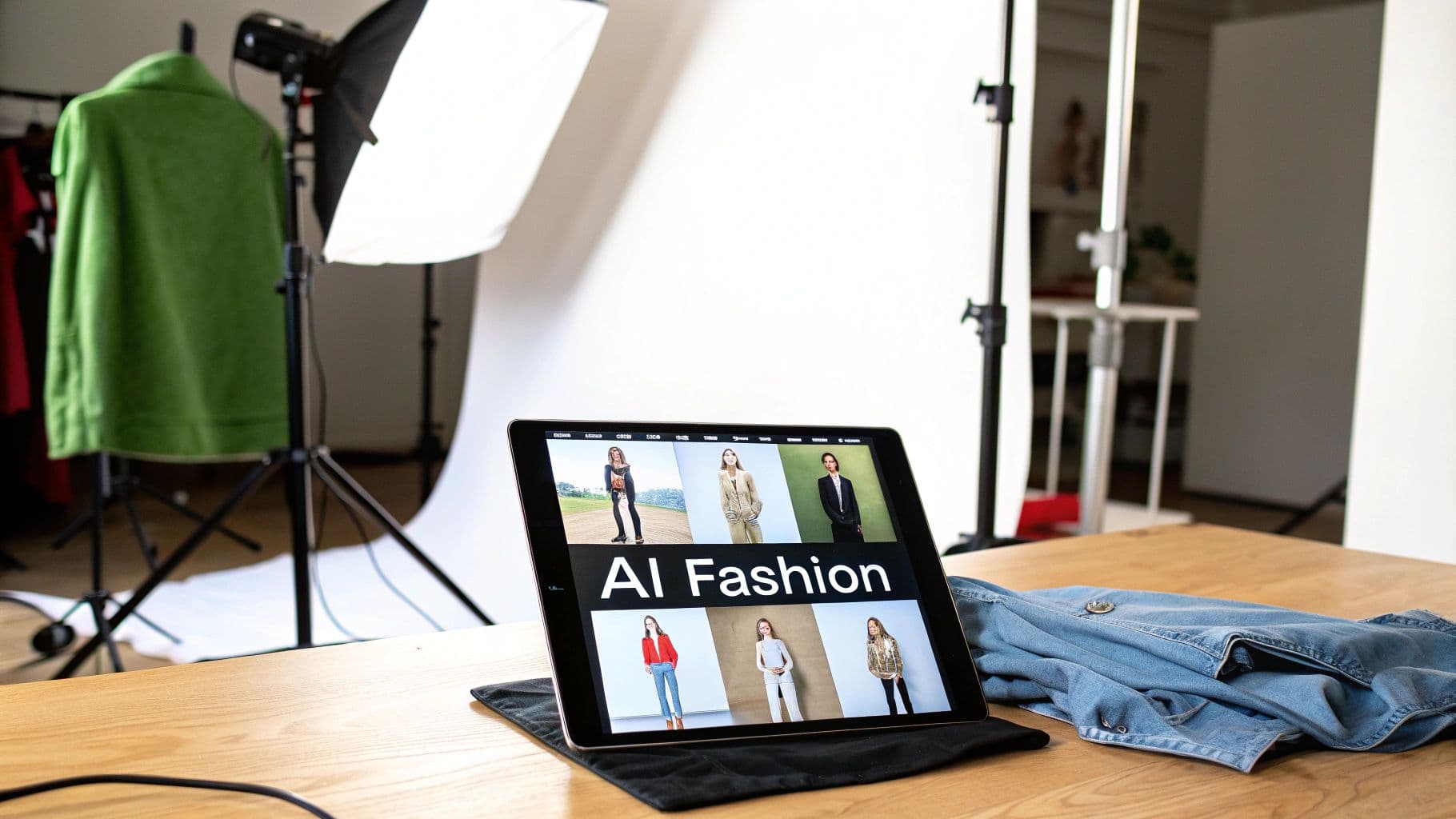 A tablet displays 'AI Fashion' showcasing models, set on a wooden table in a photo studio.