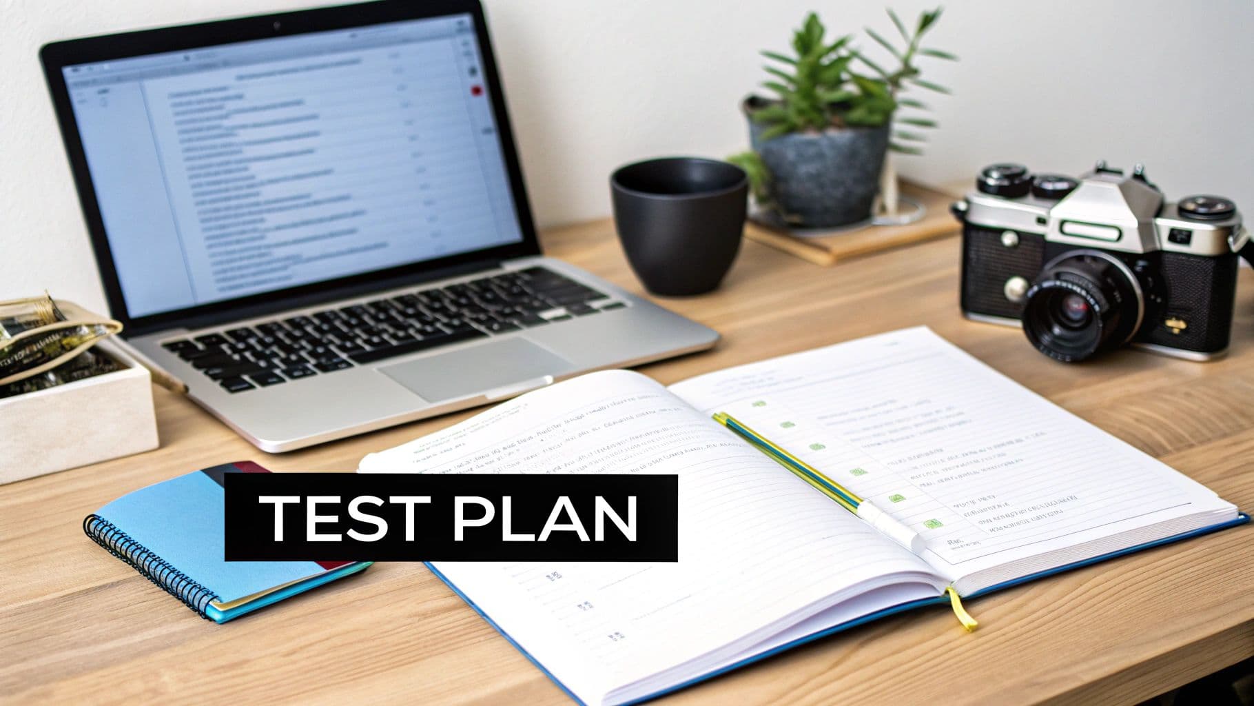 A top-down view of a wooden desk featuring a laptop, open notebook, vintage camera, and plant.