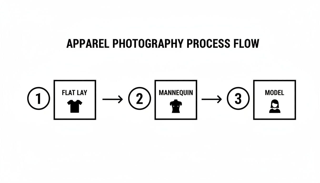 Flowchart illustrating the apparel product photography process, showing flat lay, mannequin, and model stages.