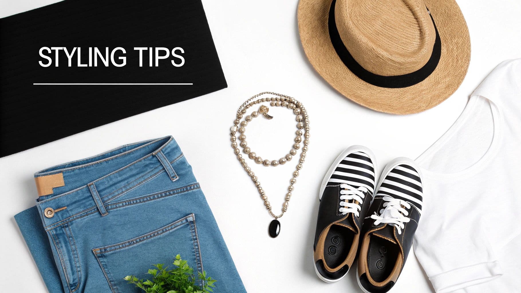 Flat lay of styling tips featuring blue jeans, white t-shirt, straw hat, necklace, and striped shoes on white.
