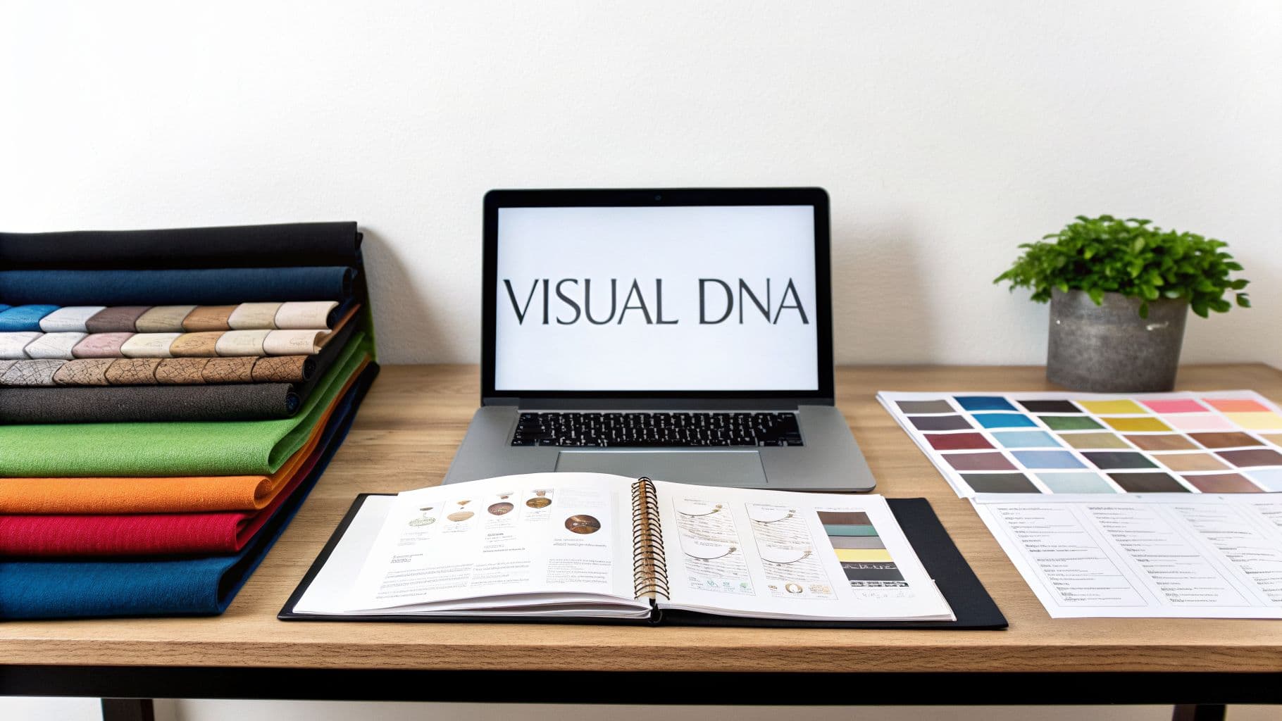 A creative workspace with fabric swatches, a laptop displaying 'VISUAL DNA', a design book, color palette, and plant.