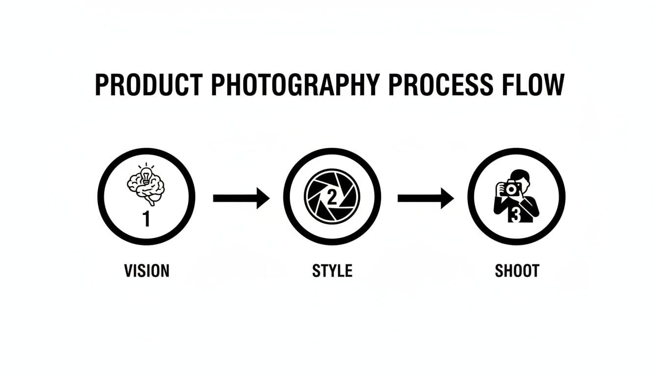 A visual flow chart illustrating the three steps of product photography: Vision, Style, and Shoot.