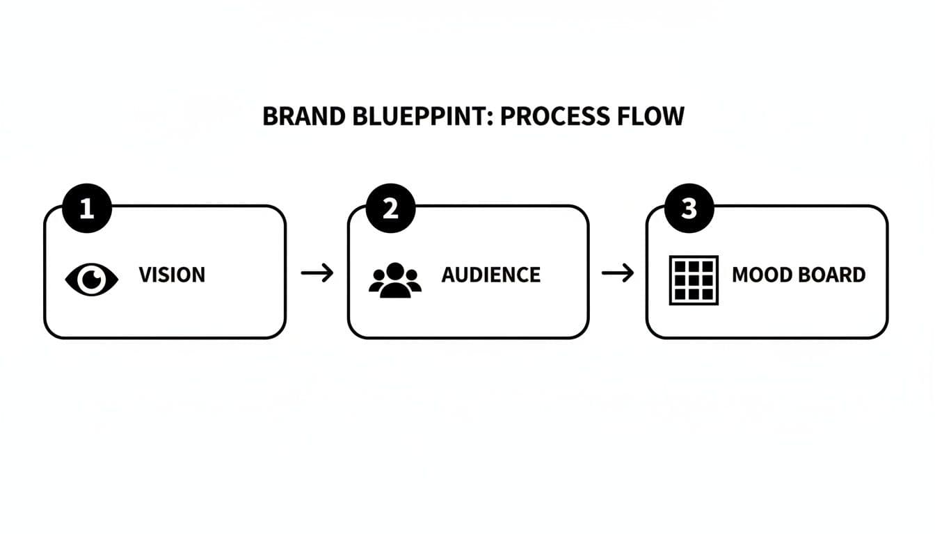 A brand blueprint process flow diagram showing three steps: Vision, Audience, and Mood Board.