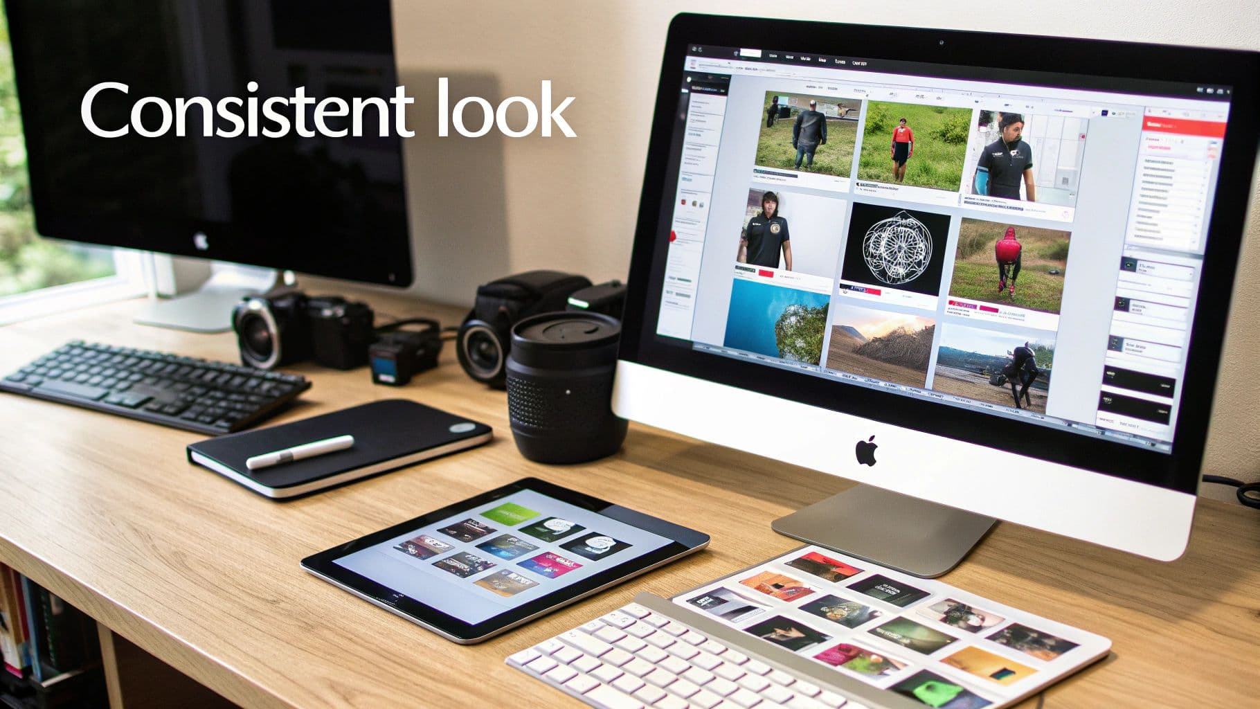 A modern desk with an Apple iMac, iPad, and camera for consistent photo editing workflow.