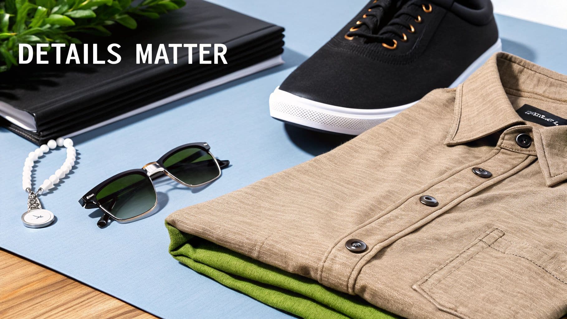 A stylish flat lay of men's clothing and accessories on a blue surface, with "DETAILS MATTER" text.