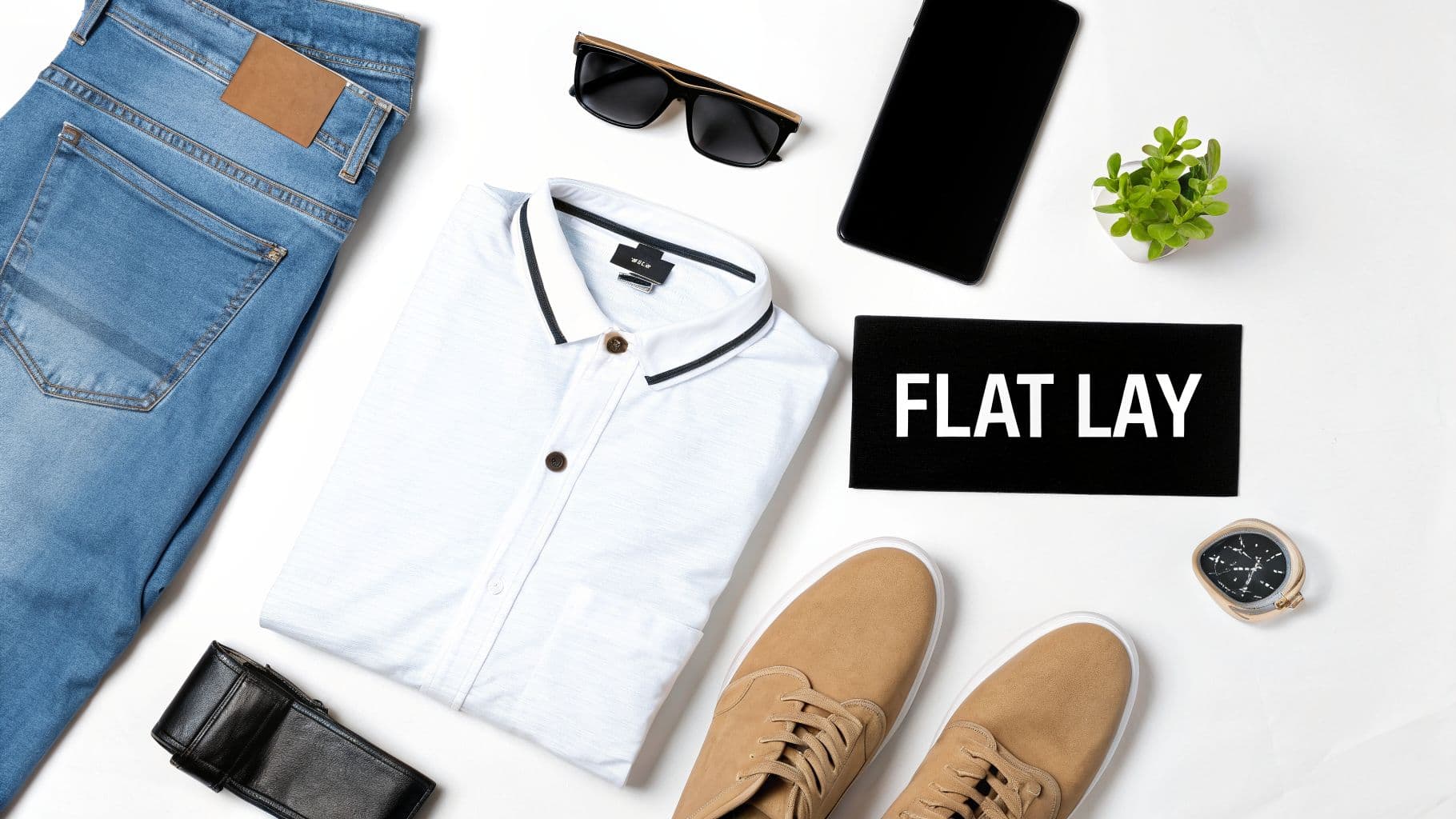 A flat lay of men's casual outfit featuring jeans, polo shirt, sneakers, and accessories.