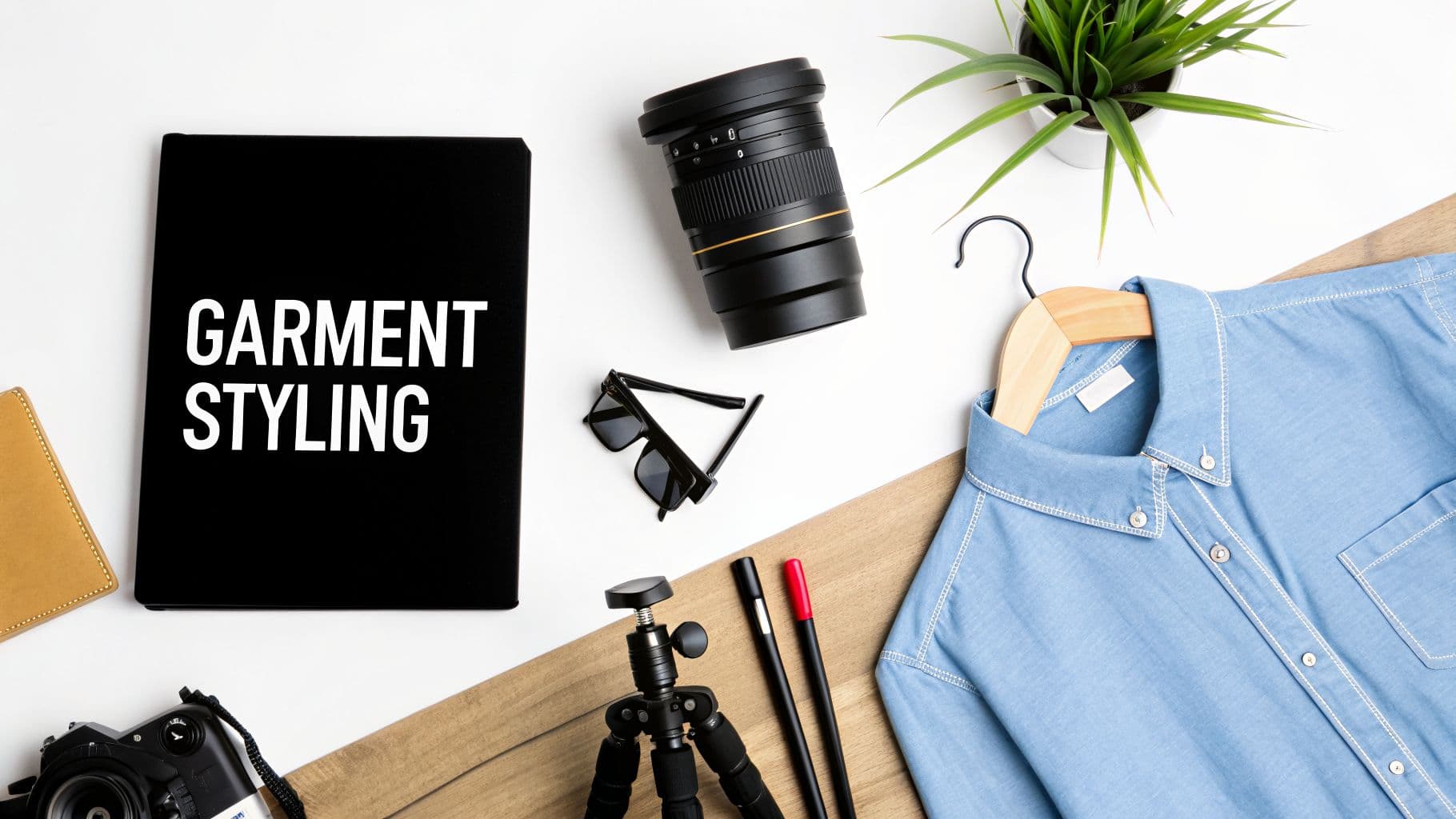 Flat lay of garment styling essentials, including a denim shirt, camera gear, sunglasses, and a notebook.