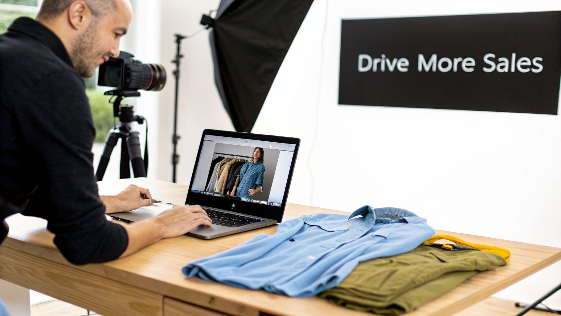 A man editing clothing photos on a laptop in a studio with folded shirts and camera equipment.