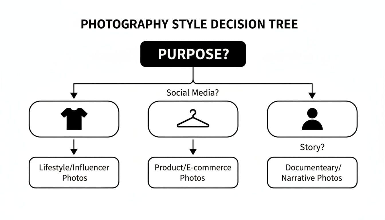 Decision tree showing photography styles based on purpose: lifestyle, product/e-commerce, and narrative photos.