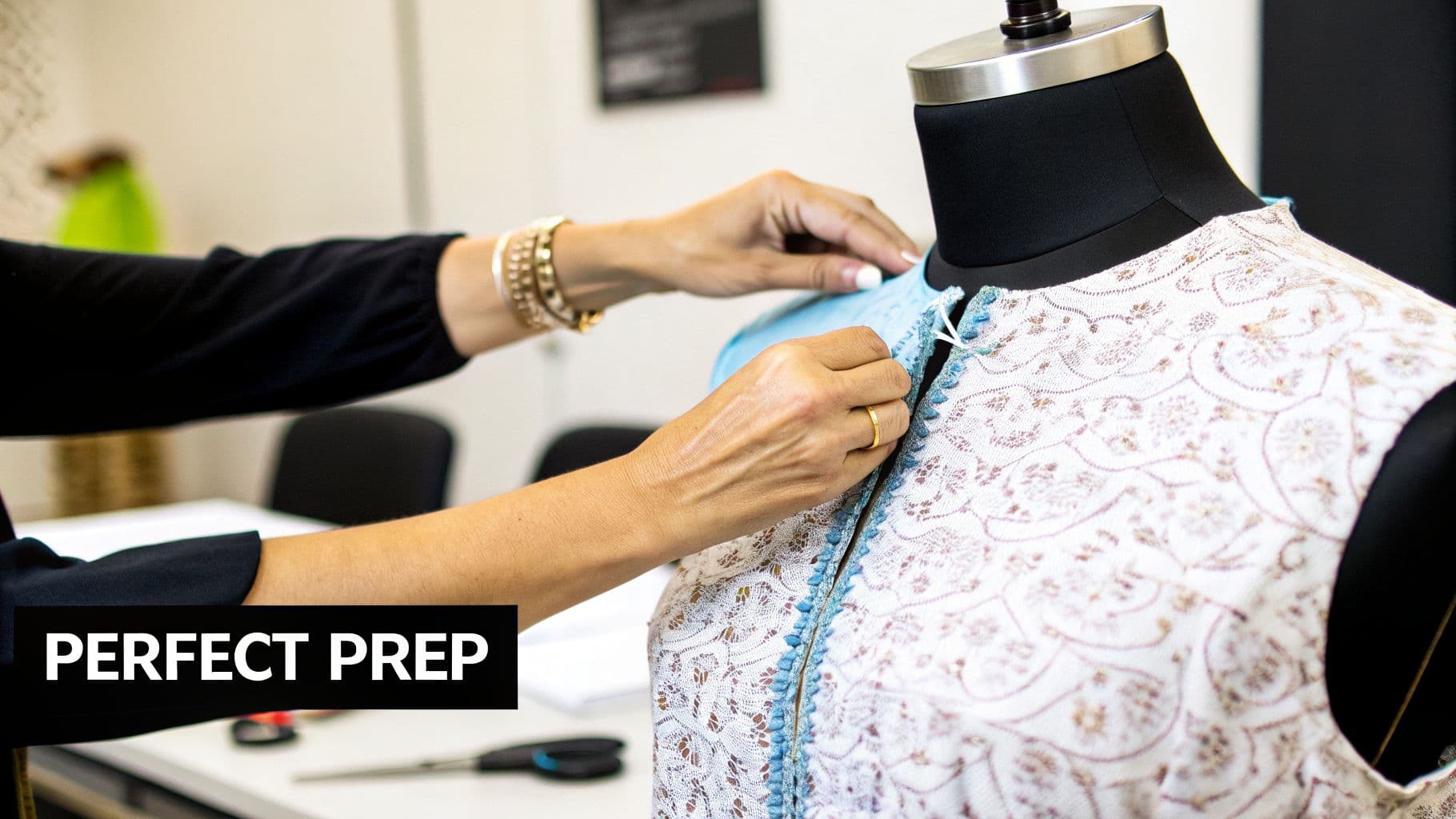 Hands carefully adjust a light blue garment on a mannequin wearing a patterned white top.