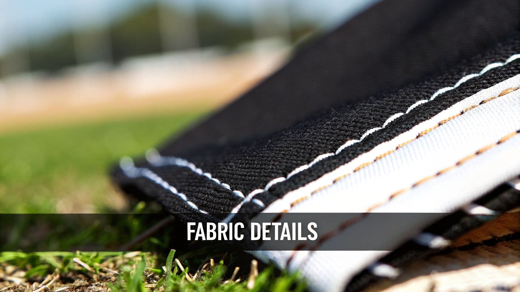 Close-up of black fabric with white stitching on green grass, highlighting textile details.