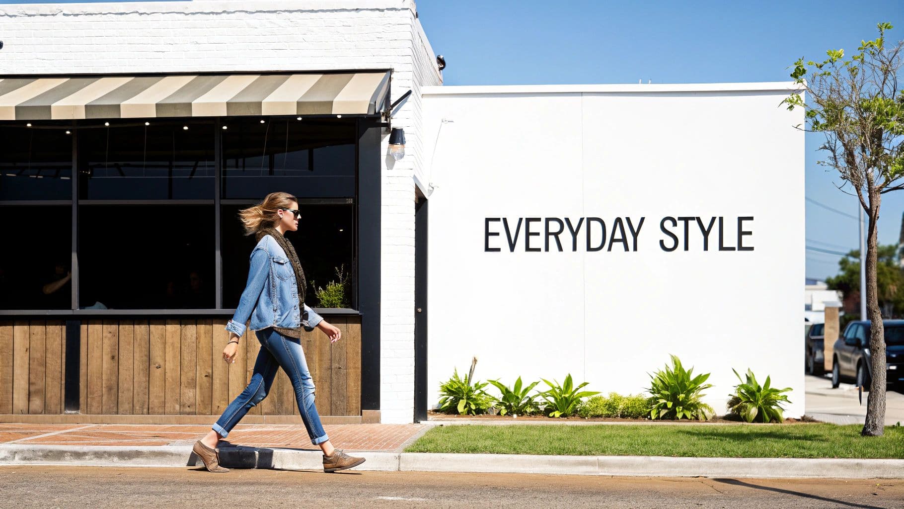 A stylish woman in a denim jacket and jeans walks past a white building with "EVERYDAY STYLE" signage.