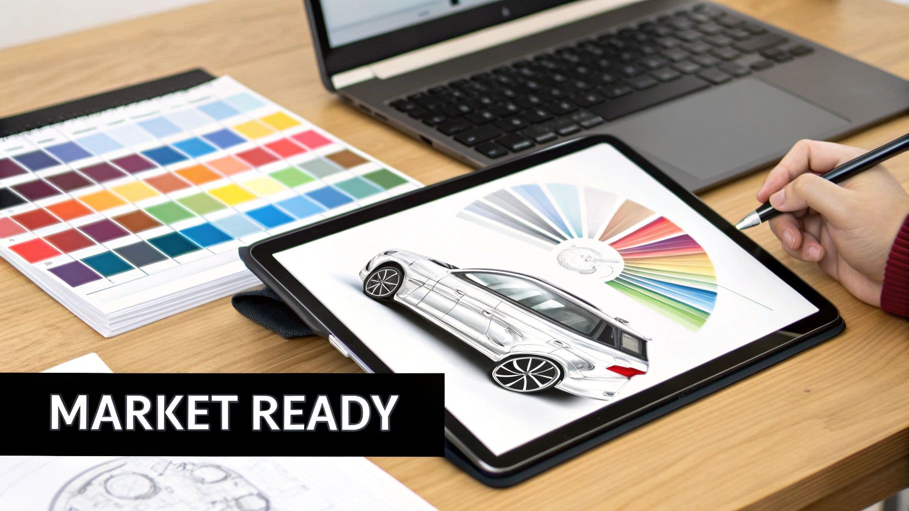 Designer drawing a car concept on a tablet with a stylus, surrounded by color swatches.