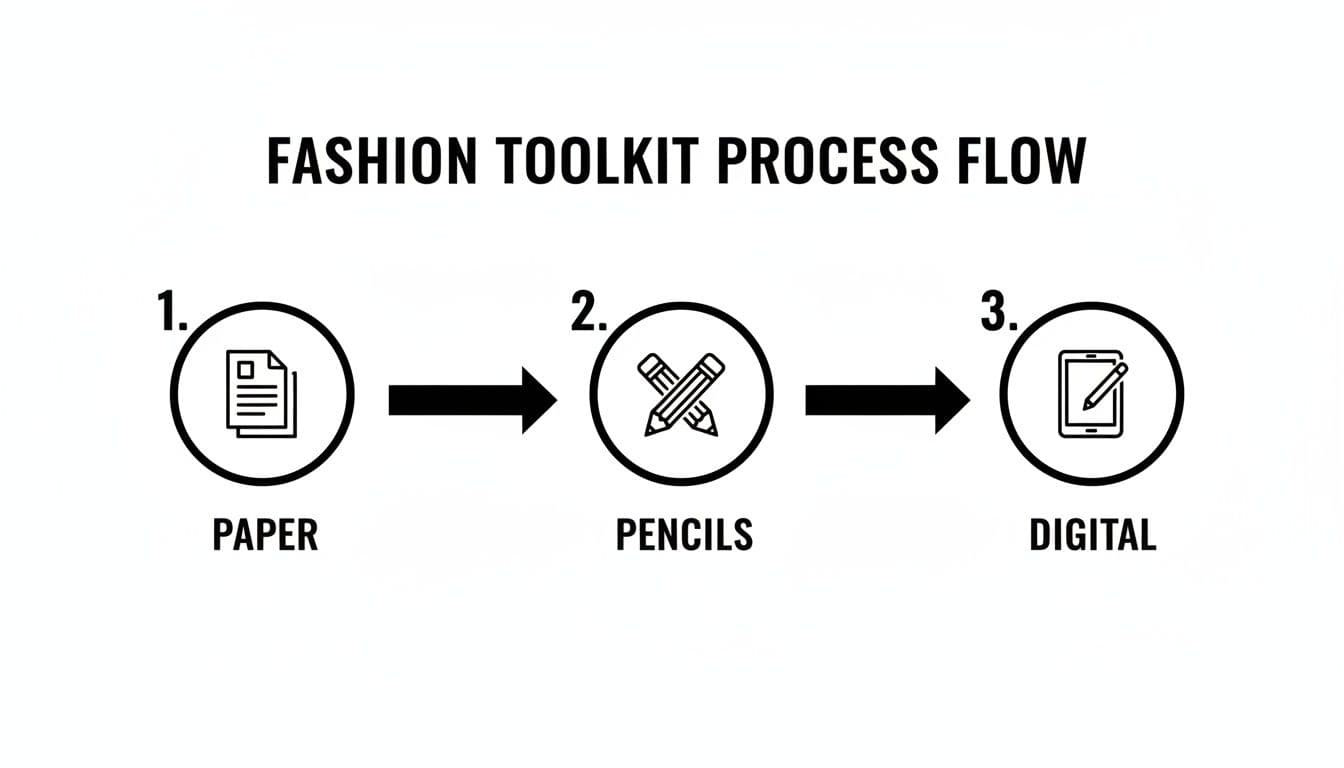 A step-by-step fashion design toolkit process flow from paper sketching to digital creation.