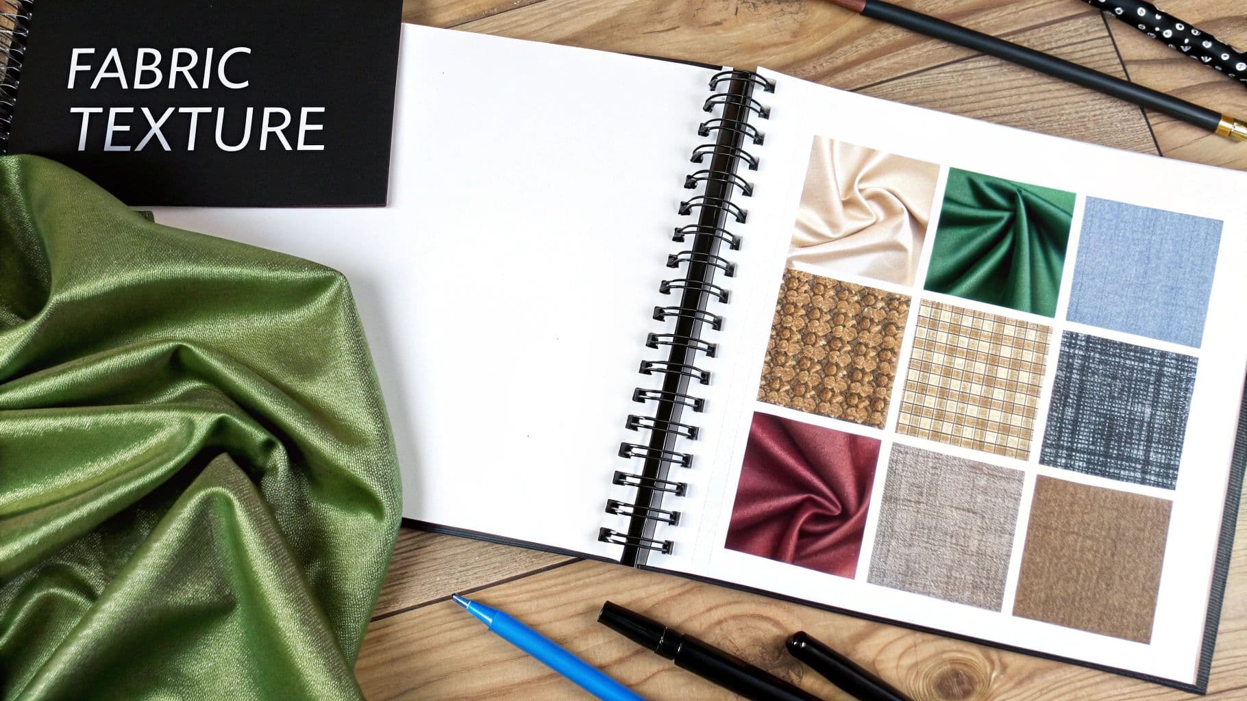 A notebook titled 'FABRIC TEXTURE' with green fabric and an open book showing various fabric swatches.