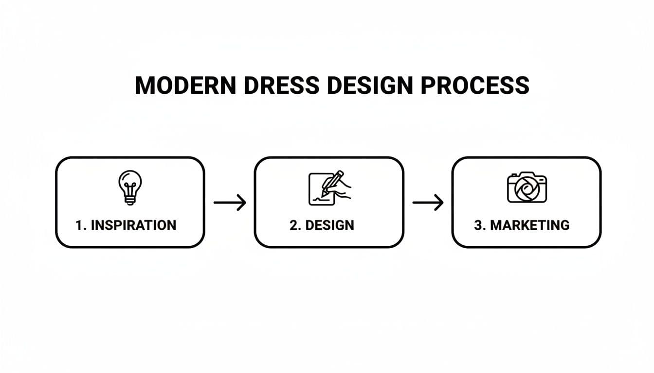 A diagram illustrates the three steps of a modern dress design process: inspiration, design, and marketing.