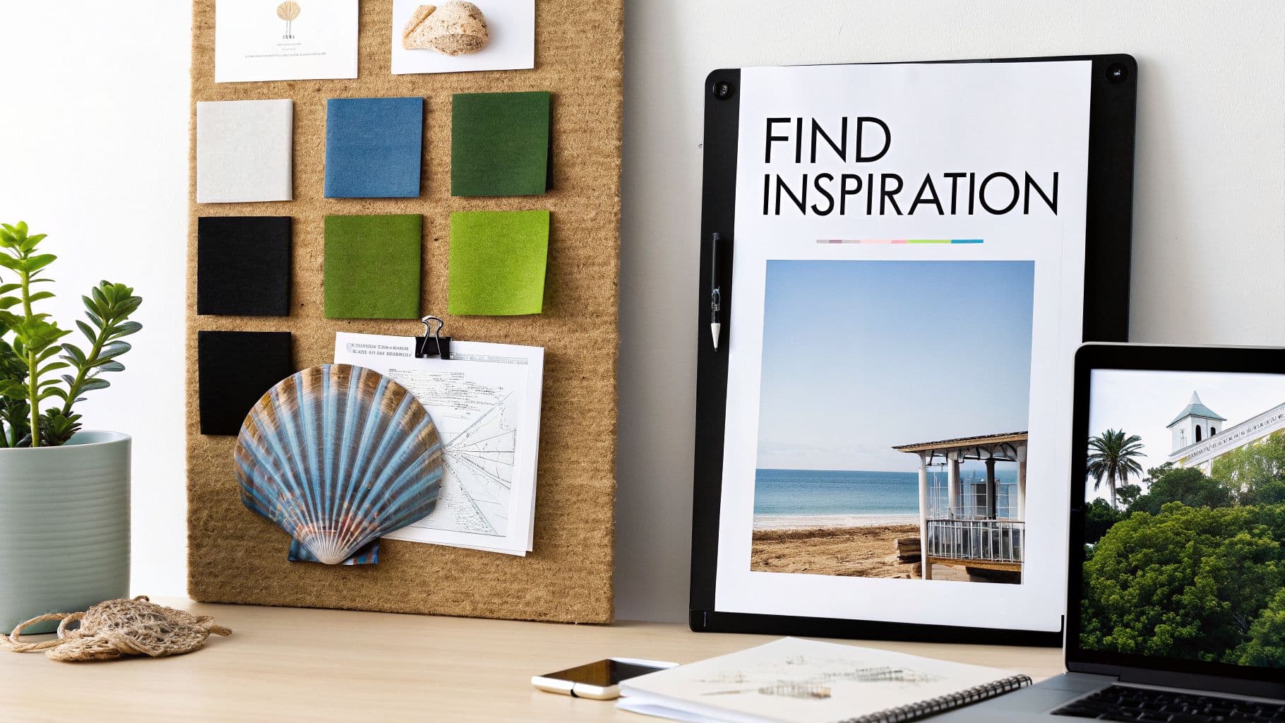 A designer's desk with a cork board, fabric swatches, inspiration print, laptop, and a green plant.