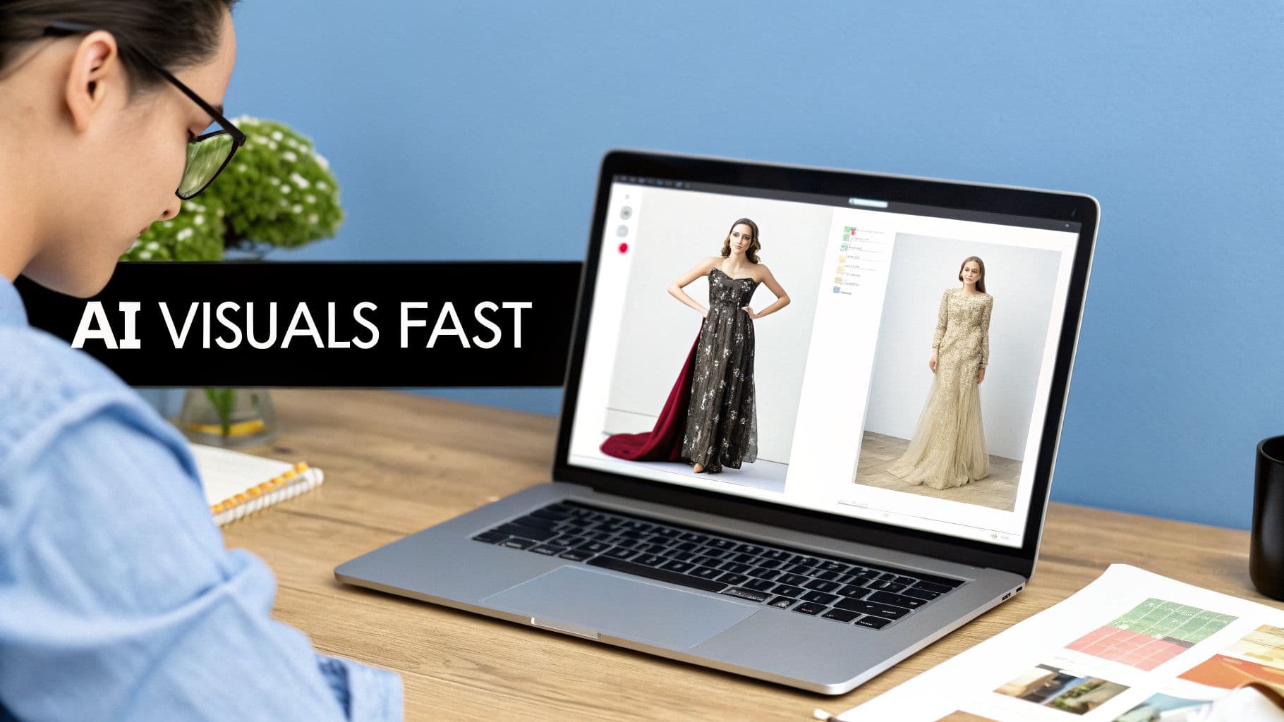 A person wearing glasses reviews various fashion dress designs displayed on a laptop screen, with 'AI VISUALS FAST' overlay.