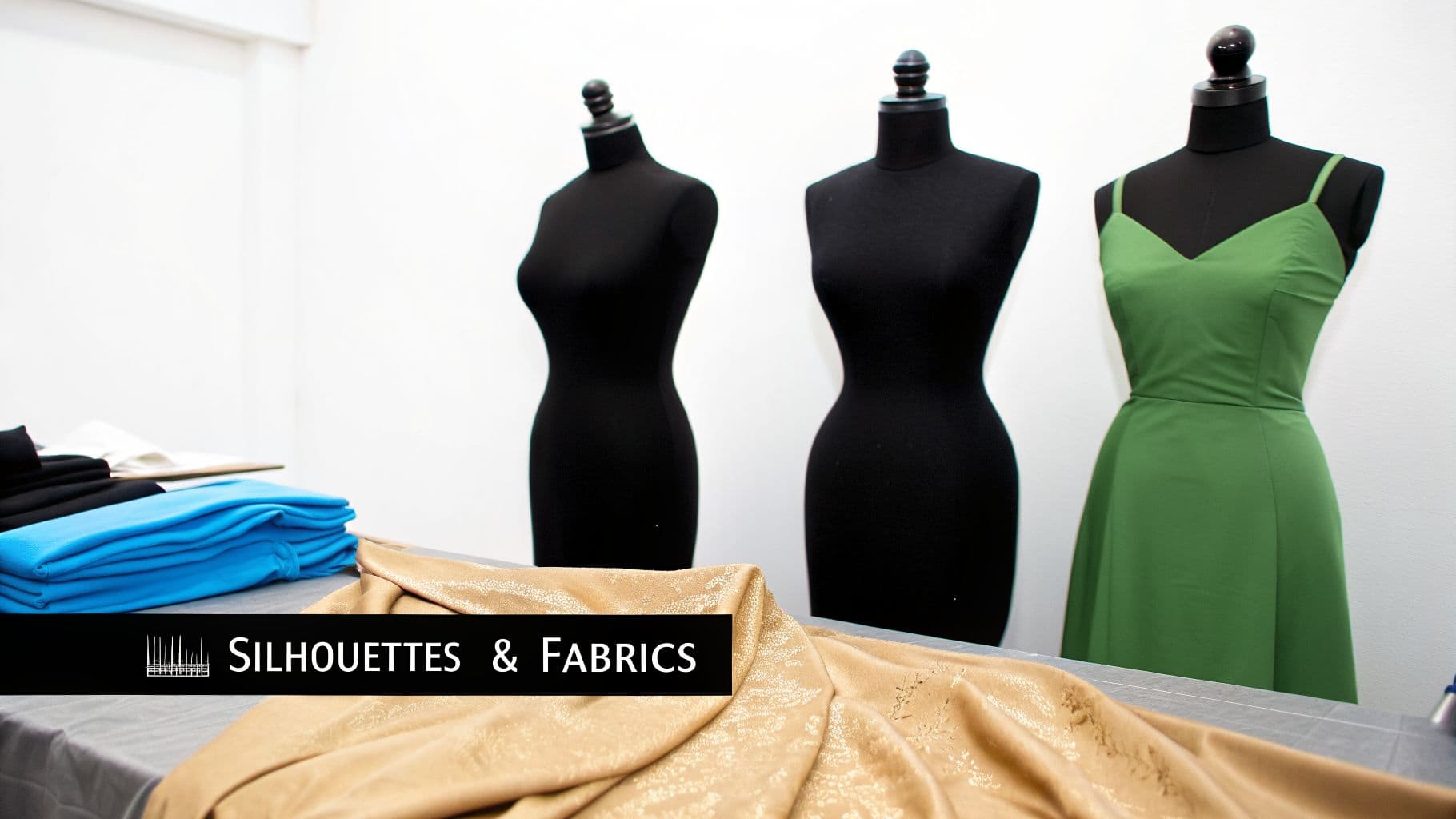 Three mannequins, two black and one with a green dress, stand near various fabrics in a design studio.