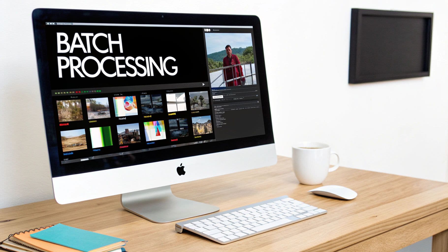 An iMac on a wooden desk displaying a batch processing interface with multiple images and a video.