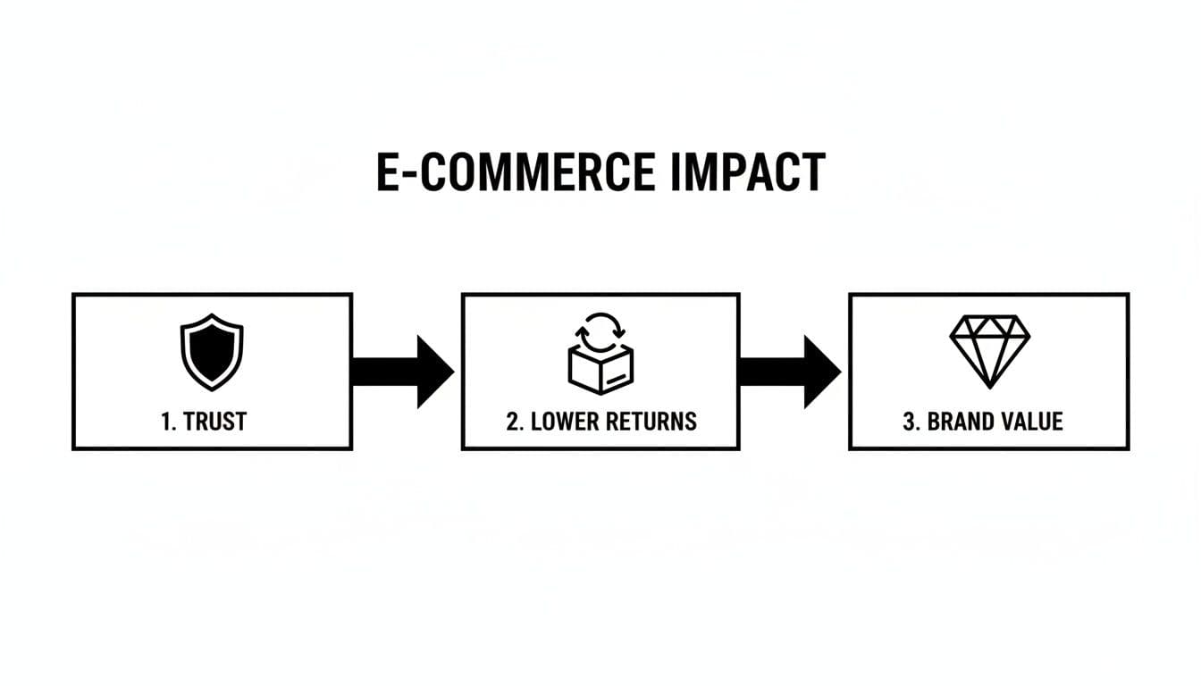 Diagram illustrating e-commerce impact: Trust leads to lower returns and increased brand value.