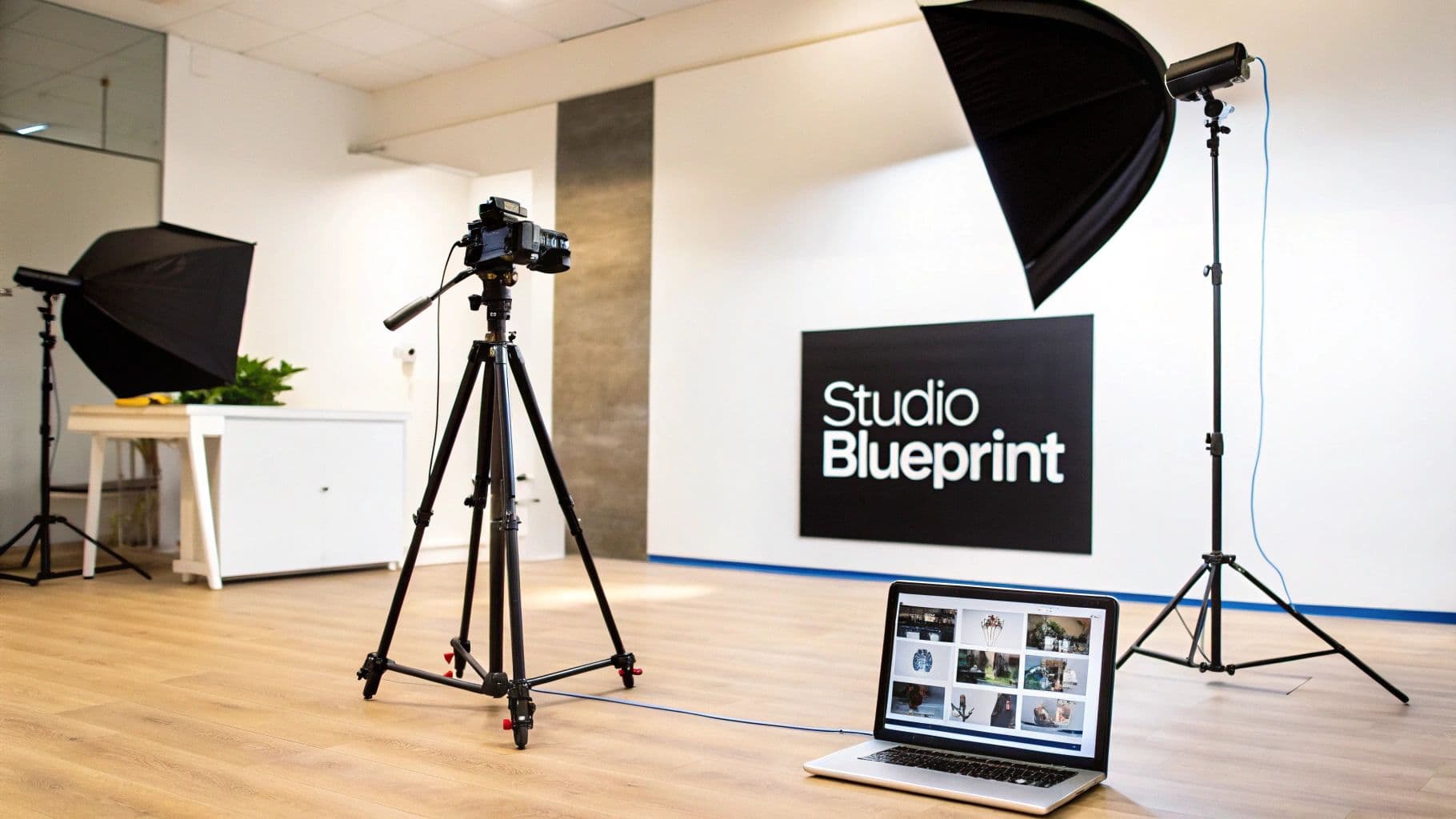 Modern photography studio setup with camera on tripod, softbox lights, and laptop displaying images.