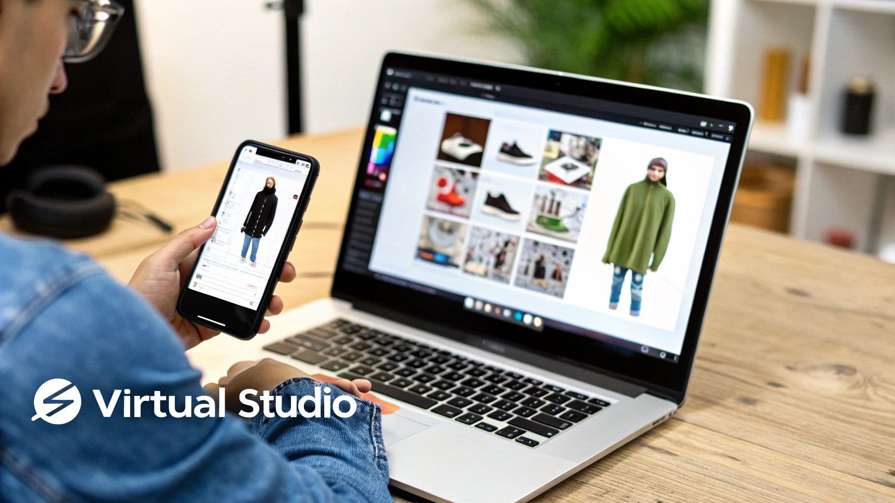 Person using smartphone and laptop for virtual product viewing and e-commerce image management.