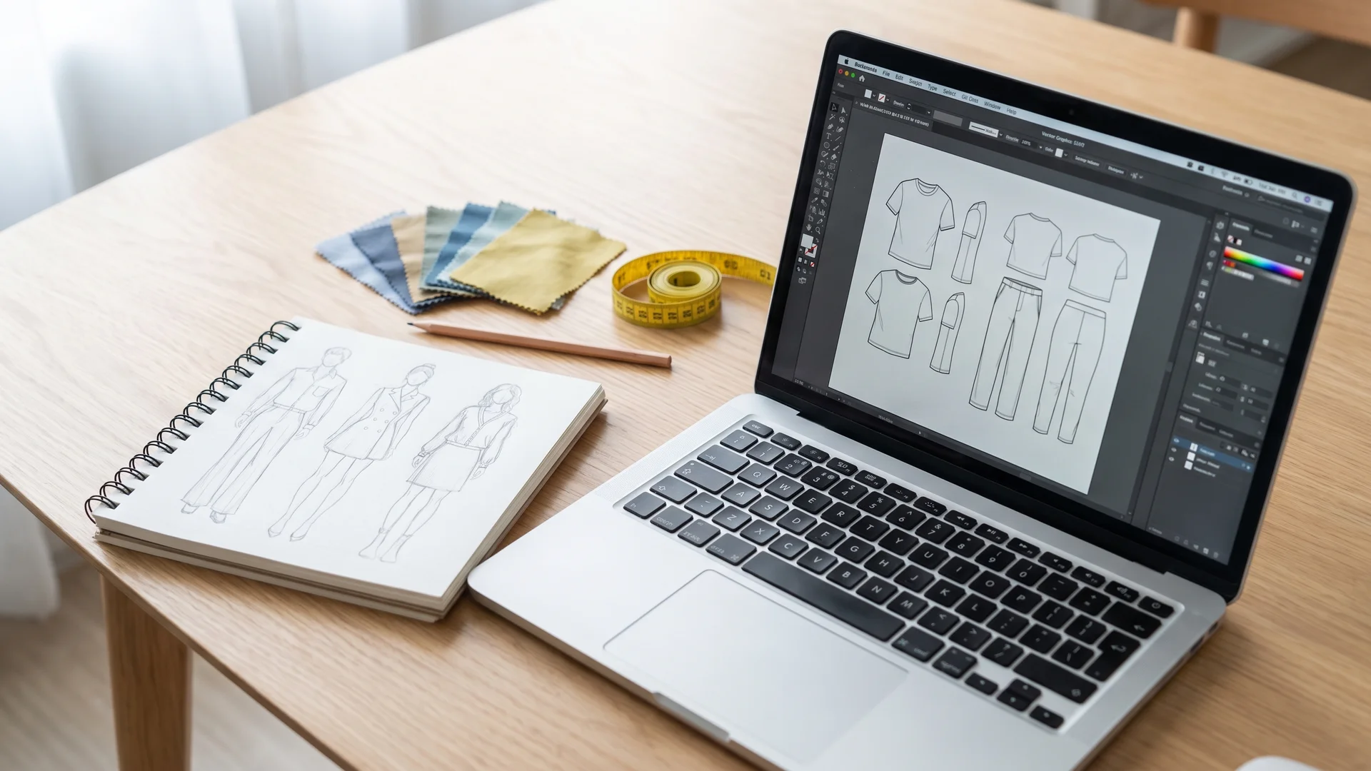 Beginner fashion design software workspace with a laptop showing vector flat sketches beside a paper croquis sketchbook and fabric swatches