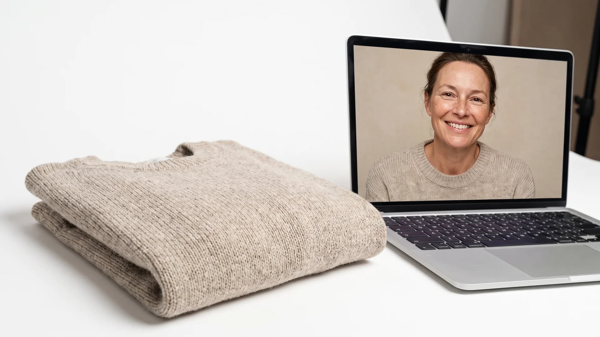 Flat-lay knit sweater beside a laptop previewing on-model product photography of the same garment on a realistic AI model
