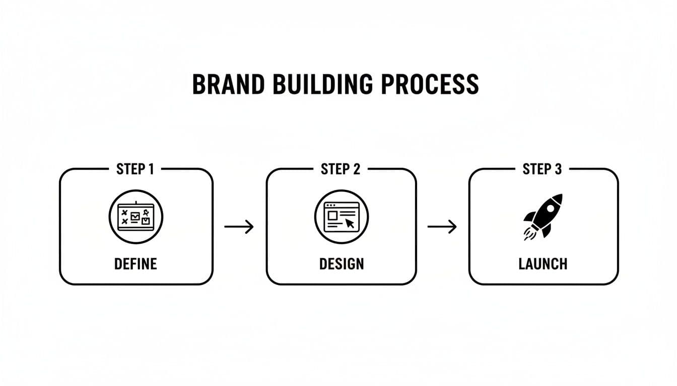 A flowchart illustrating the three-step brand building process: define, design, and launch.