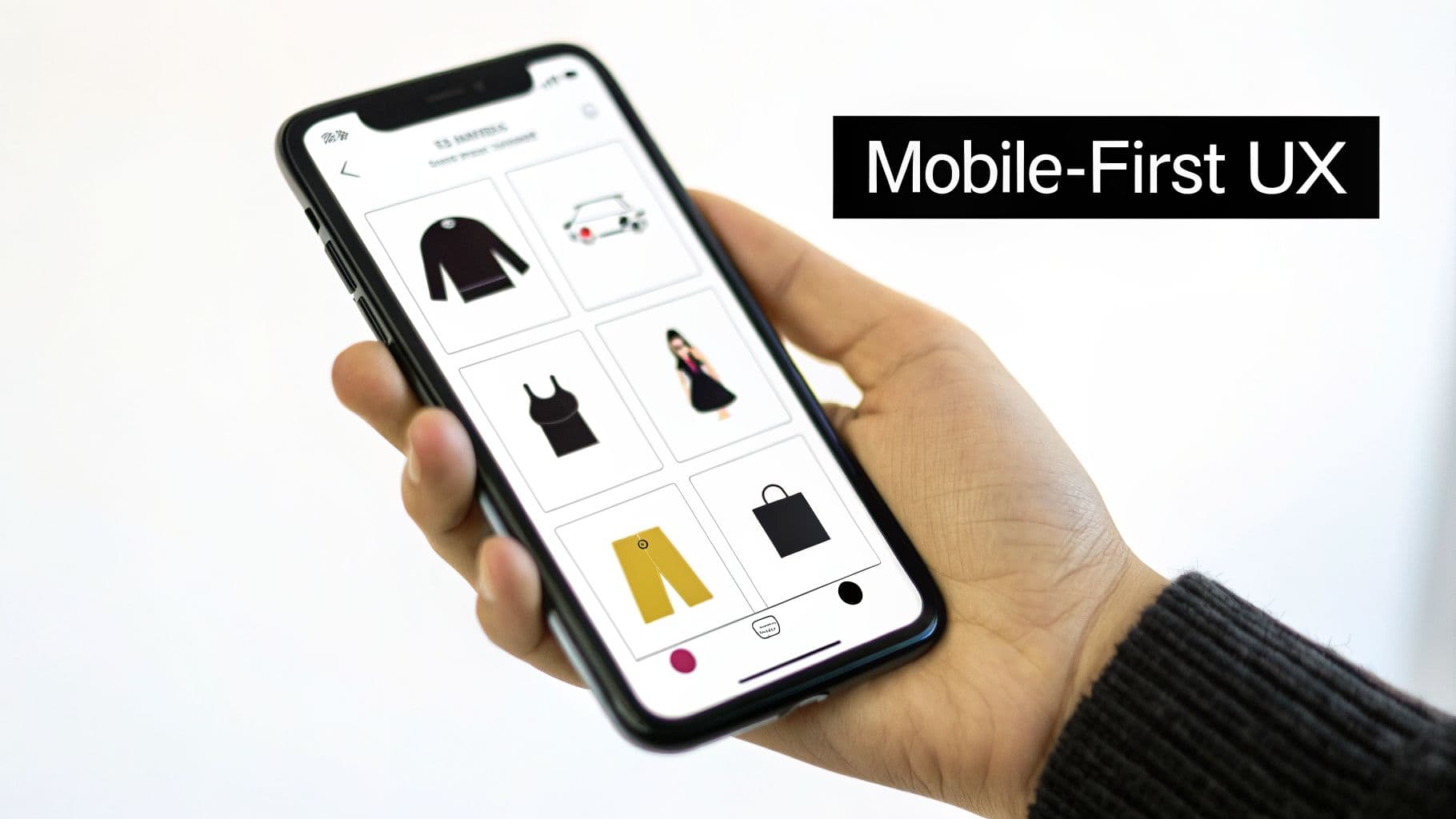 A hand holds a smartphone displaying a fashion e-commerce app with clothing items, highlighting mobile-first UX.